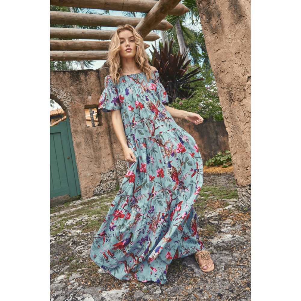 Guadalupe Momposina Raven Blue Floral Bird Cotton Smocked Maxi Dress‎